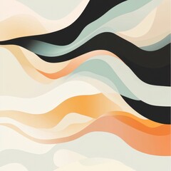 Soft pastel waves in neutral tones create soothing abstract design, featuring bold black contours that enhance flowing shapes. This artwork evokes sense of calm and elegance