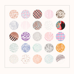 Set of round abstract colorful backgrounds or patterns. Drawn doodle shapes. Spots, drops, curves, lines. Modern fashion vector illustration. Posters, icon templates for social networks