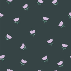 Seamless pattern with cute violet tulips on black background. vector illustration for wrapping paper, fabric, card.