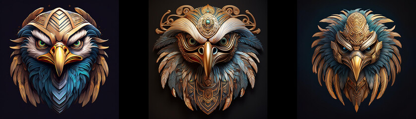 Three eagle mask sculptures, isolated on a black background.