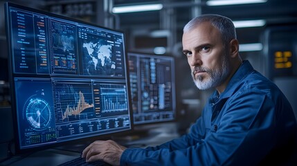 Close-up of Technical Engineer Monitoring Data Visualizations on High-Tech Control Room Screens