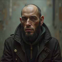 Fototapeta premium Intense bearded man in brown jacket with serious look on grunge background