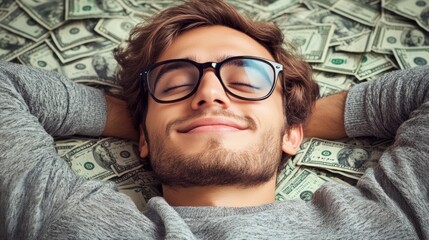 Relaxed young man lying on a pile of money with closed eyes and smiling