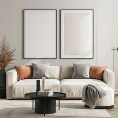 Minimalist living room interior with a white sofa. two black framed posters. a round coffee table and a vase with dried flowers