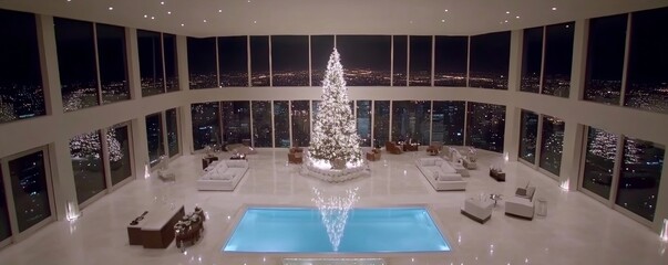 Obraz premium Christmas tree with silver and white ornaments American penthouse