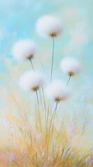 Fluffy dandelion seeds growing in a field painting