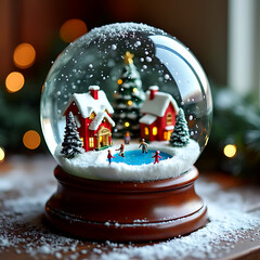 Snow Ball With Christmas. cabin in a snow globe. shining tree. Concept of winter wonderland.