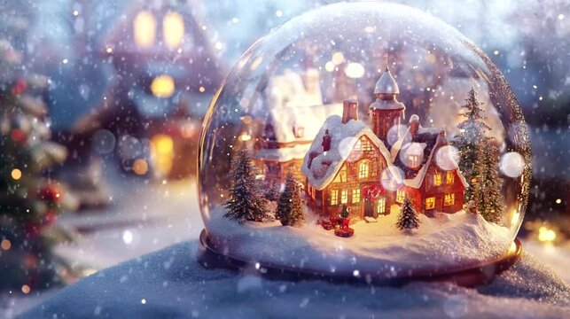a snow globe with a christmas village inside. Seamless looping time-lapse virtual 4k video animation background