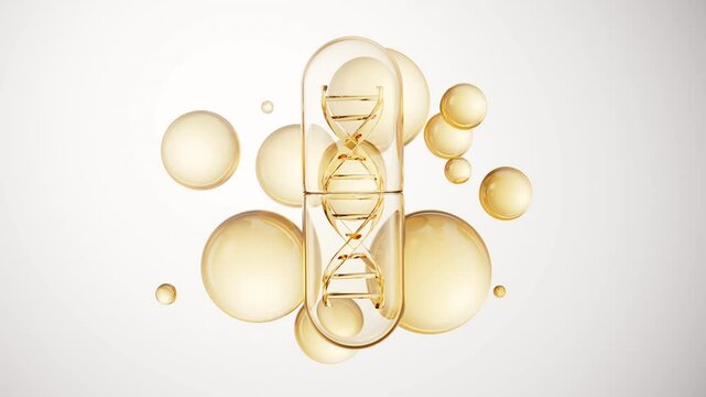 Medical capsule with golden bubbles background, 3d rendering.