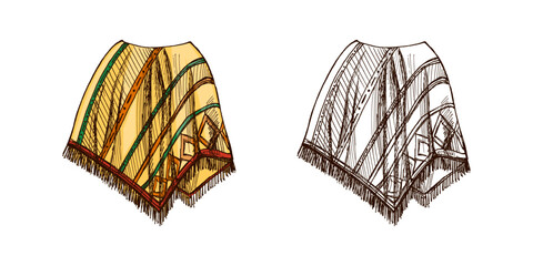 Hand-drawn colored and monochrome  sketch of realistic mexican poncho. Vintage drawing of Latin American national clothes. Vector black ink outline illustration. Mexican culture. Latin America.