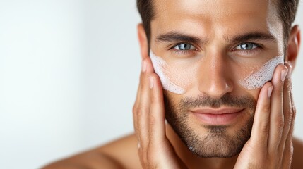 Handsome Man Applying Facial Cleanser Skincare Routine Clean Face