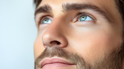 Fototapeta premium Close up Man Face Blue Eyes Hopeful Gaze Skincare Portrait