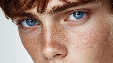 Fototapeta premium Close up Freckles Face Blue Eyes Red Hair Portrait Beauty
