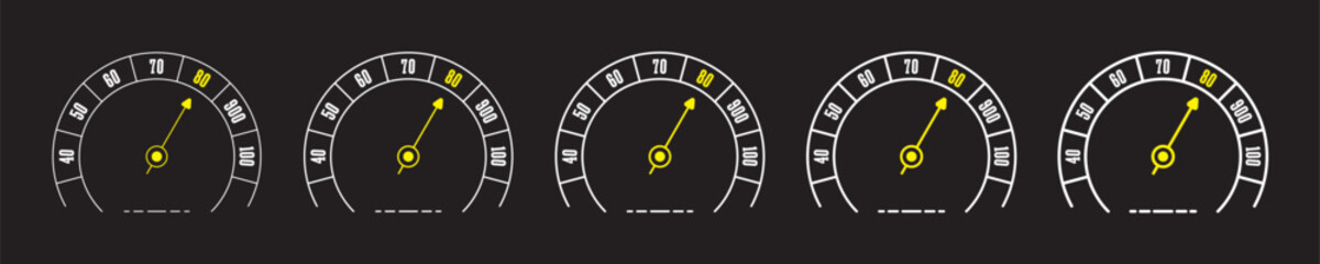 analog indicator on black background. Speedometer concept for business, sports, technology world. five step indicator set. thin to thick speedometer