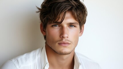 Naklejka premium Handsome Man Portrait Casual White Shirt Studio Shot Male Model Skincare Fashion