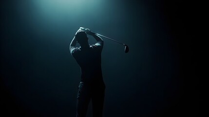 Golfer in Mid-Swing with Soft Lighting and Dark Background