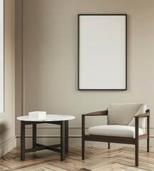 A minimalist living room with a white armchair. a marble side table. and a large blank canvas. perfect for displaying artwork or design