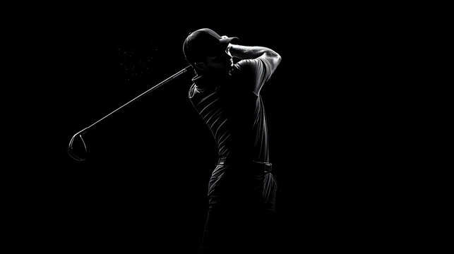 Golfer Silhouette in Powerful Follow-Through Swing Against Dark Backdrop
