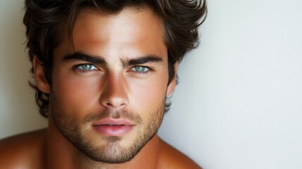 Obraz premium Handsome Man Portrait Closeup Blue Eyes Dark Hair Skincare