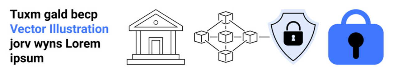 Bank building, blockchain network, security shield with lock, and blue padlock on white background. Ideal for blockchain technology, cybersecurity, finance, digital security, online banking, fintech