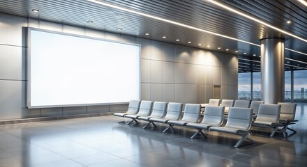 Empty advertising display next to waiting area in modern airport interior