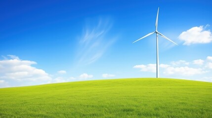 Obraz premium A wind turbine stands on a green hill under a clear blue sky, showcasing renewable energy and a sustainable environment.