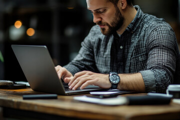 A man with a beard and plaid shirt working intently on his laptop in a dimly lit workspace, showing dedication and focus.