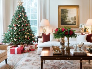 Cozy American living room with a classic Christmas tree adorned with red