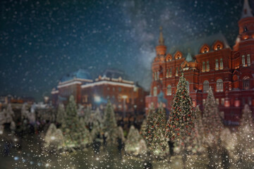 Blurred background with festive Christmas lights on Red Square in Moscow. Celebration lights and decorations for festive Christmas and New Year. Christmas night Moscow atmosphere holiday background.