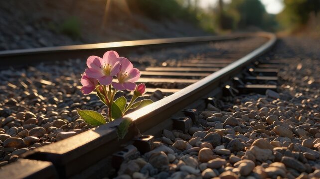 Pink flower growing between parallel railway tracks on gravel surface