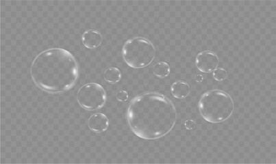 Realistic soap vector bubbles png isolated on transparent background. The effect of falling and flying bubbles. Glass bubble effect