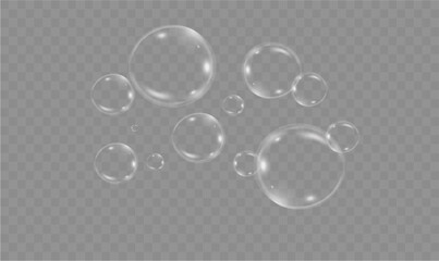 Realistic soap vector bubbles png isolated on transparent background. The effect of falling and flying bubbles. Glass bubble effect