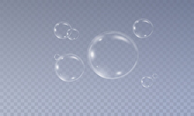 Realistic soap vector bubbles png isolated on transparent background. The effect of falling and flying bubbles. Glass bubble effect