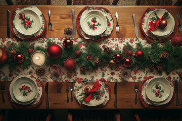 A table with a Christmas tablecloth and a red ribbon