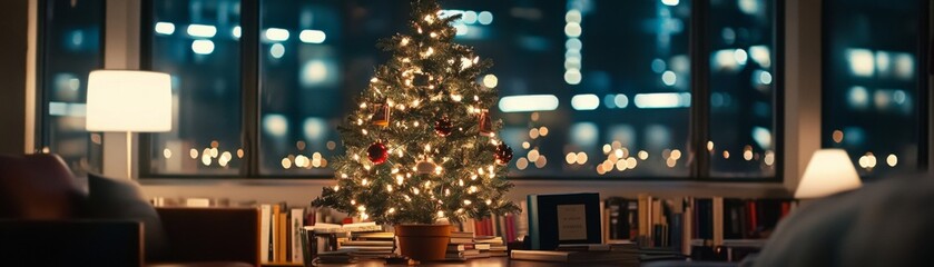 Cozy bookshop with small Christmas tree American small-town charm