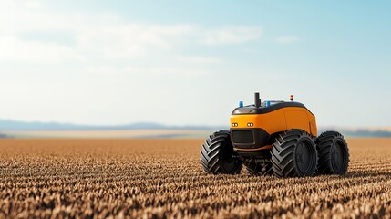 Obraz premium Futuristic agricultural robot working in a vast field under a clear sky.