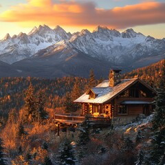 Fototapeta premium Mountain Cabin Sunset Winter Wonderland Log Home Landscape