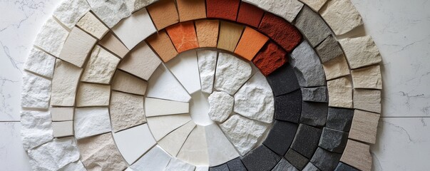 Fototapeta premium Stone and porcelain tiles arranged in color palette creating a spiral shape