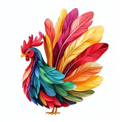 Fototapeta premium Vibrant, colorful rooster with intricate feather details on a white isolate background.
