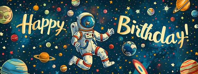 A colorful, cheerful illustration of an astronaut floating in space with planets, celebrating a joyful birthday theme.