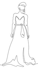Continuous one line drawing bearded man in a woman's dress. Transgender, homosexual.One continuous line isolated minimal vertical illustration.