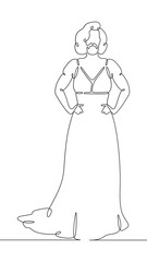 Continuous one line drawing bearded man in a woman's dress. Transgender, homosexual.One continuous line isolated minimal vertical illustration.