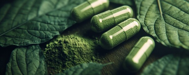 Herbal medicine concept featuring green powder and capsules with kratom leaves