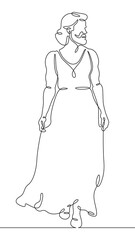 Continuous one line drawing bearded man in a woman's dress. Transgender, homosexual.One continuous line isolated minimal vertical illustration.
