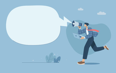 Marketing Communication Concept, Male employee runs with a loudspeaker in his hand announcing company news, Promote products, Important announcement, With large speech bubbles, Vector illustration.
