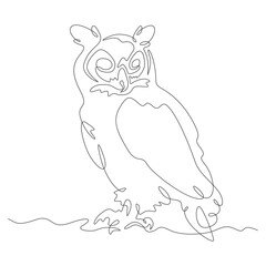 Continuous one line drawing wild bird owl. A bird of prey at night.One continuous line isolated minimal vertical illustration.