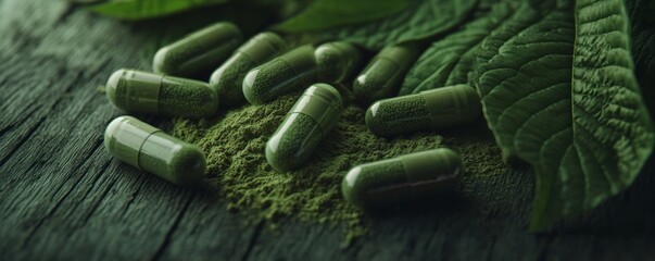 Herbal medicine capsules with powder and kratom leaf on wooden table