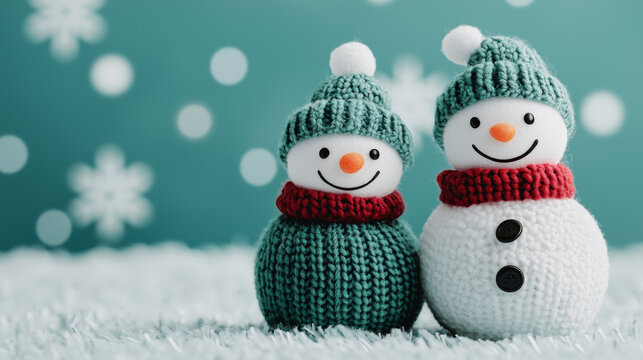 Two cheerful snowmen in cozy knitted hats and scarves stand together against a soft, snowy background, capturing the spirit of winter festivities.