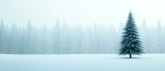 Lone pine tree in snowy landscape, winter serenity, peaceful scene.