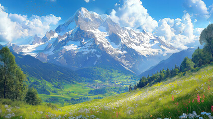 Obraz premium Majestic view of a mountain range with a valley in the foreground showcasing Swiss Alps beauty